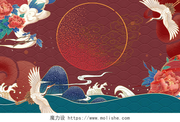 国潮双11仙鹤牡丹插画海报素材